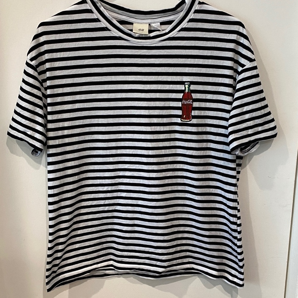 H&M Black and White Striped Tee with Coca Cola Embroidery